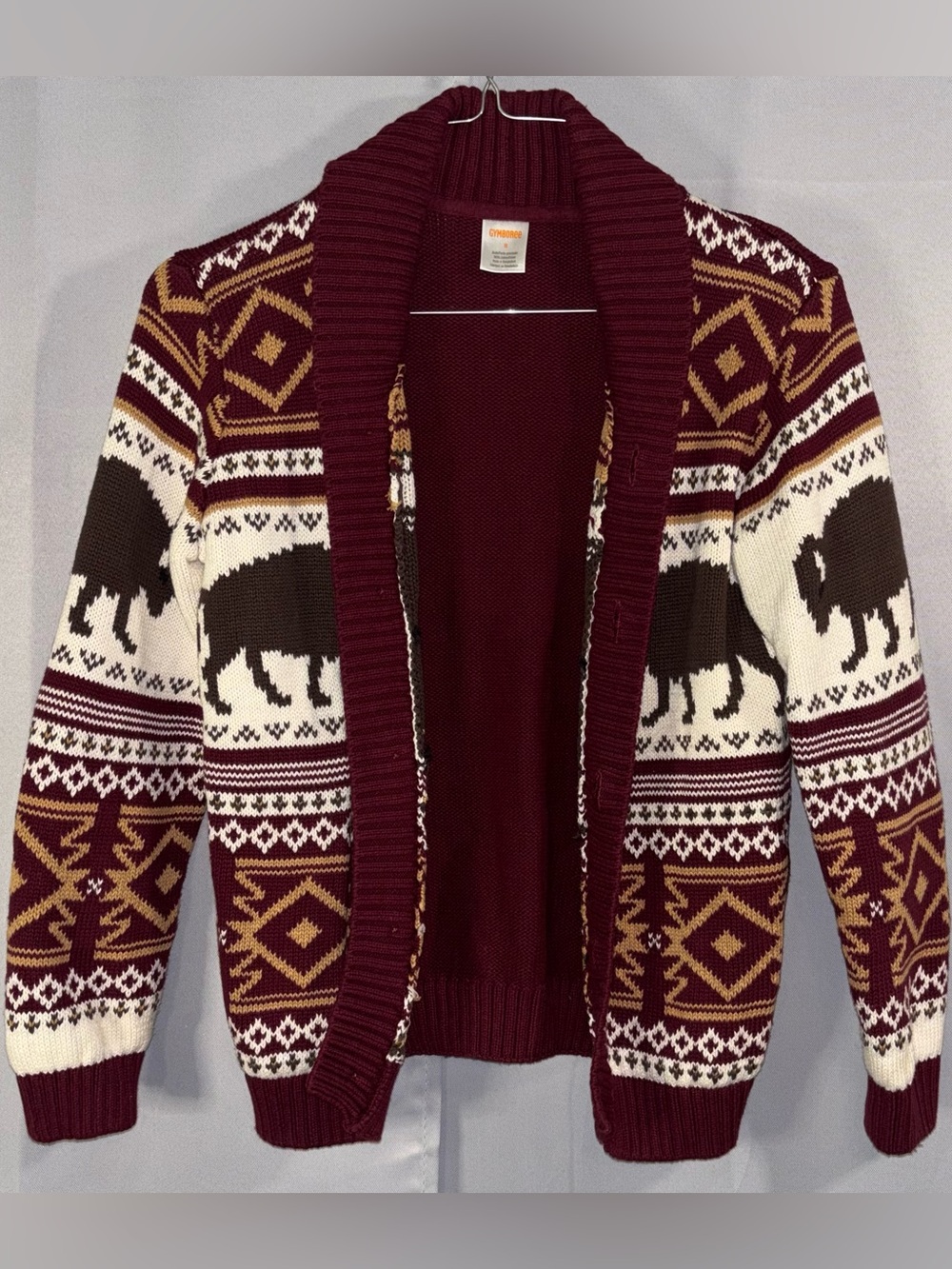 Gymboree Boys Size 8 Bison Fair Isle Shawl Cardigan Sweater Burgundy Cotton